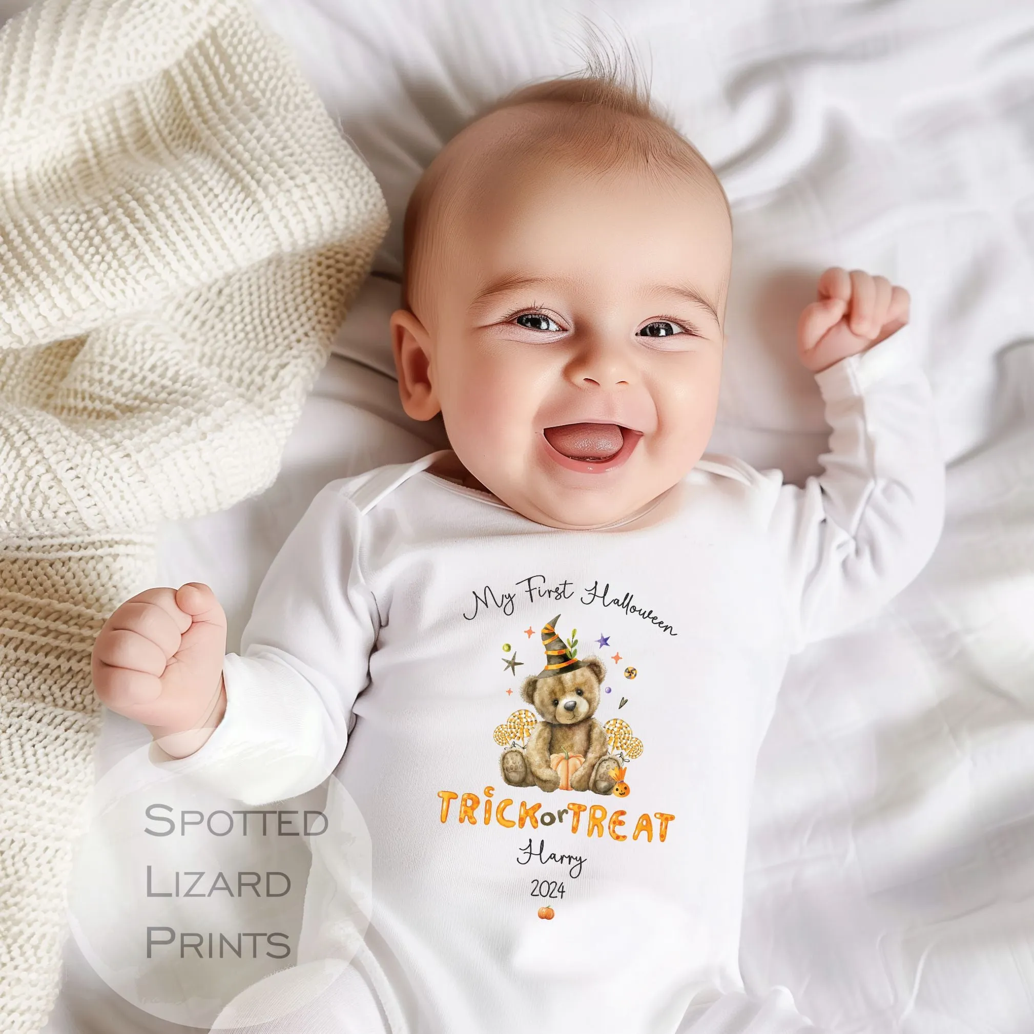 Personalised First Halloween Baby Outfit | My 1st Halloween Sleepsuit or Vest - Halloween Teddy Trick or Treat