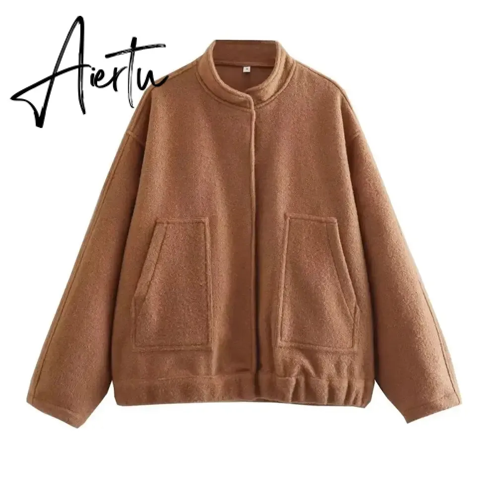 Spring Women's Bombers Jackets Grey Outwear With Button Solid Long Sleeve Top Oversized Coat Casual Loose Warm Female
